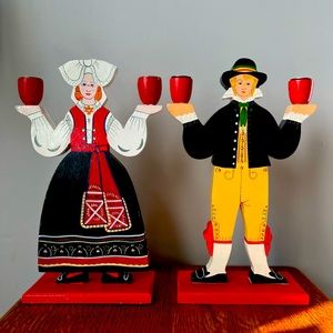 Pair of vintage Scandinavian wooden candlestick holders